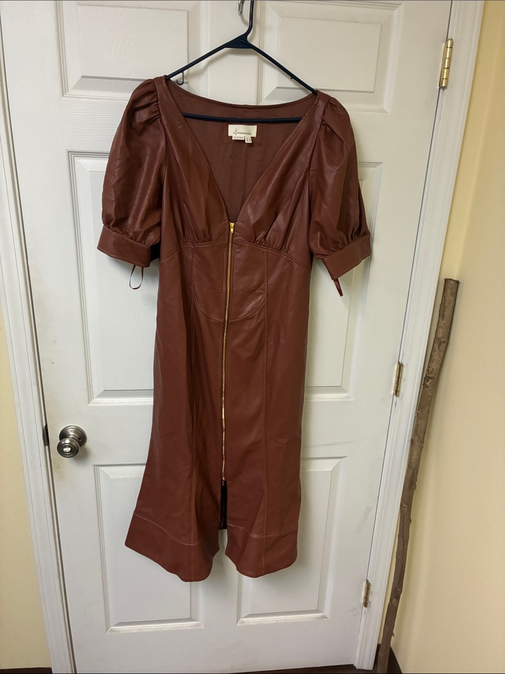 Anthropologie Brown Faux Leather Puff-Sleeve Zip Front Dress